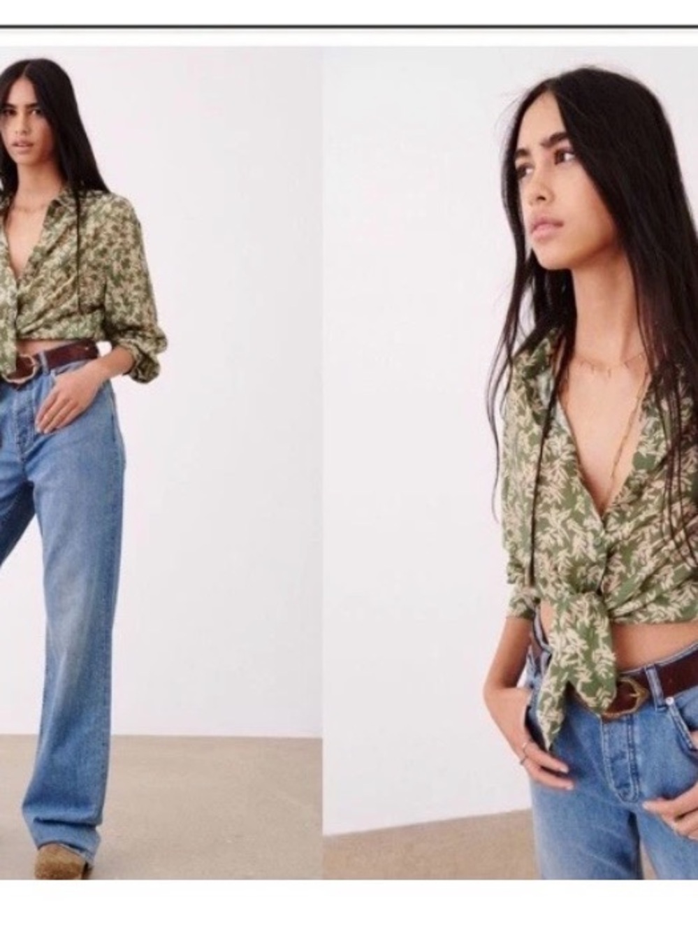 ba&sh Olive and Cream Leaf-Print Button-Down Blouse